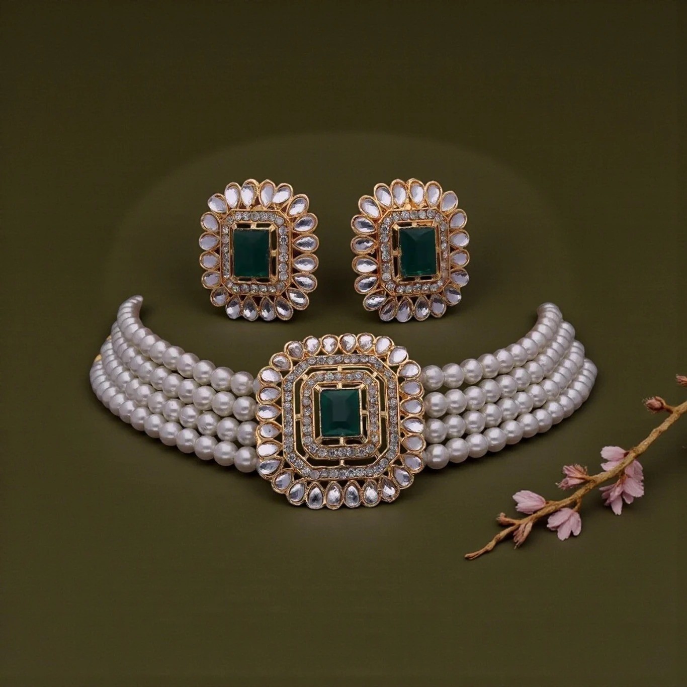Brass Gold-plated Green White Jewel Set (Pack of 1)