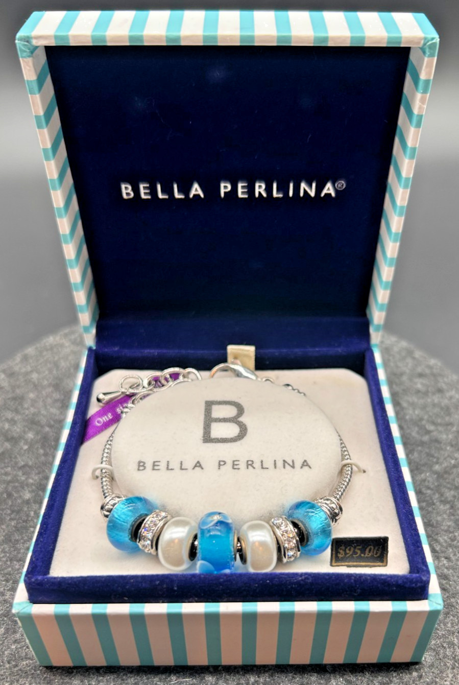 Bella Perlina Blue Glass Charm Bracelet Silver Tone White Pearls UNWORN NIB