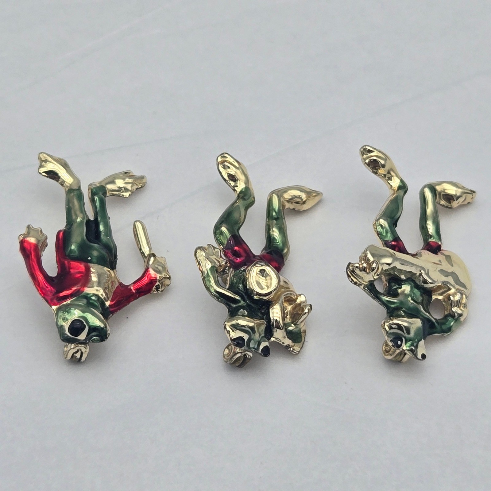 Frog Music Band Enamel Brooch Set of 3 Green Red Gold Novelty Pins Quirky