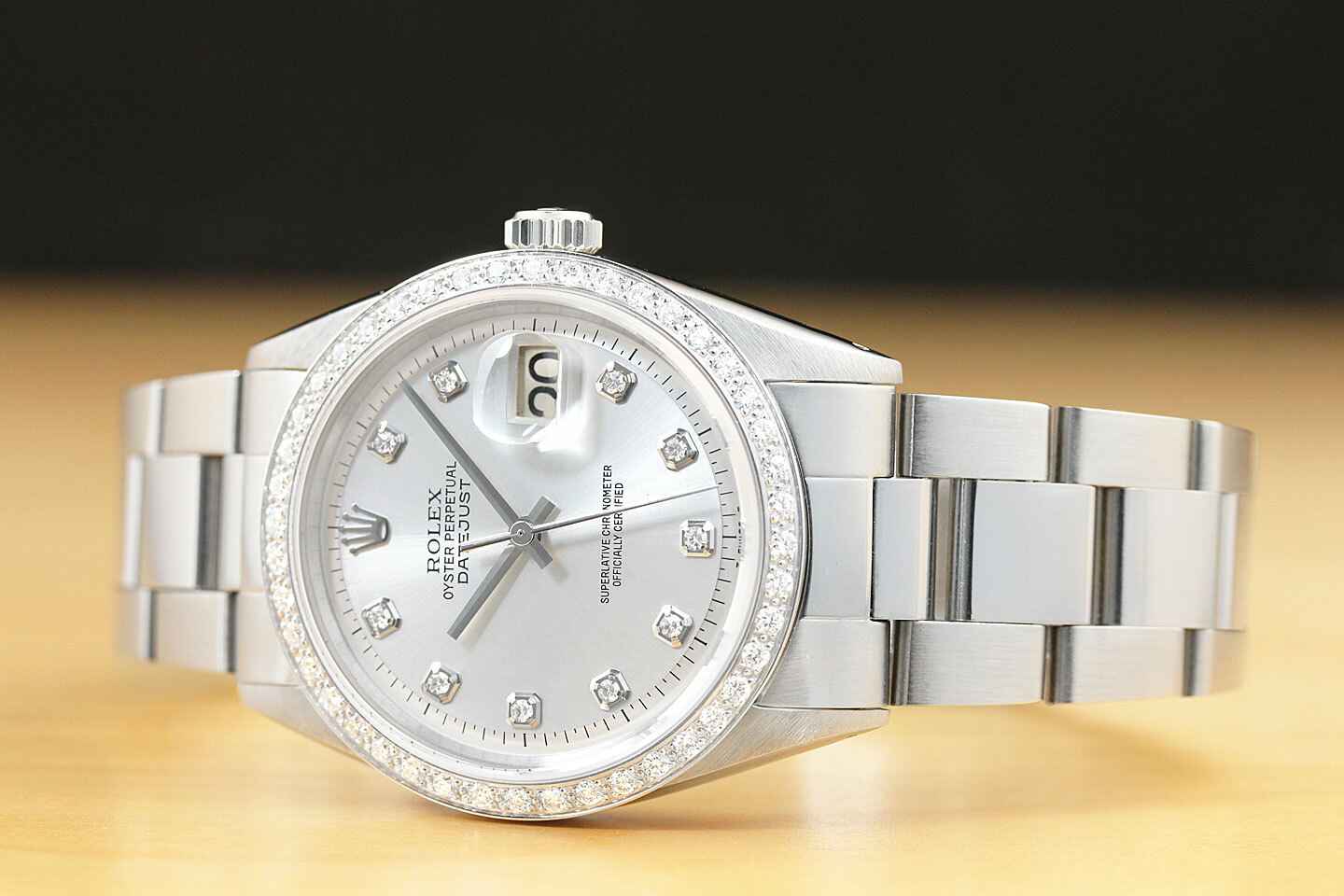 MENS ROLEX DATEJUST SILVER DIAL WATCH + 18K WHITE GOLD DIAMOND BEZEL