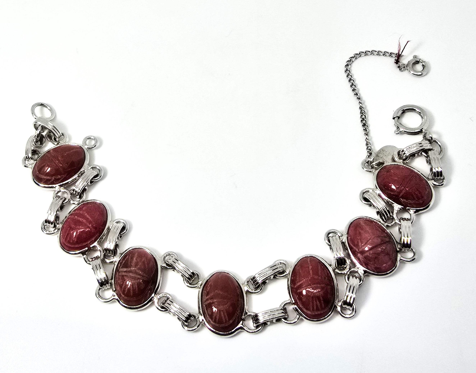 Egyptian Revival Scarab Rhodonite pink gemstone Burt Cassell 12k gold vintage br