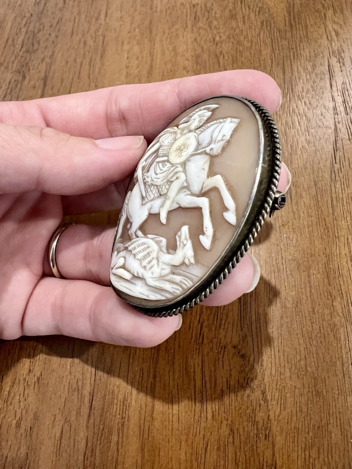 Large Antique 5.5cm Shell Cameo Brooch Saint George Slaying Dragon Silver c1920