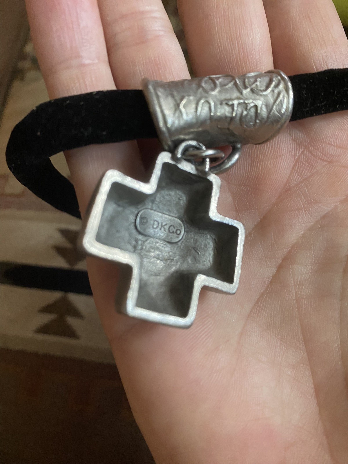 90s vintage Donna Karan Black Velvet Cross silver metal Pendant Necklace RARE
