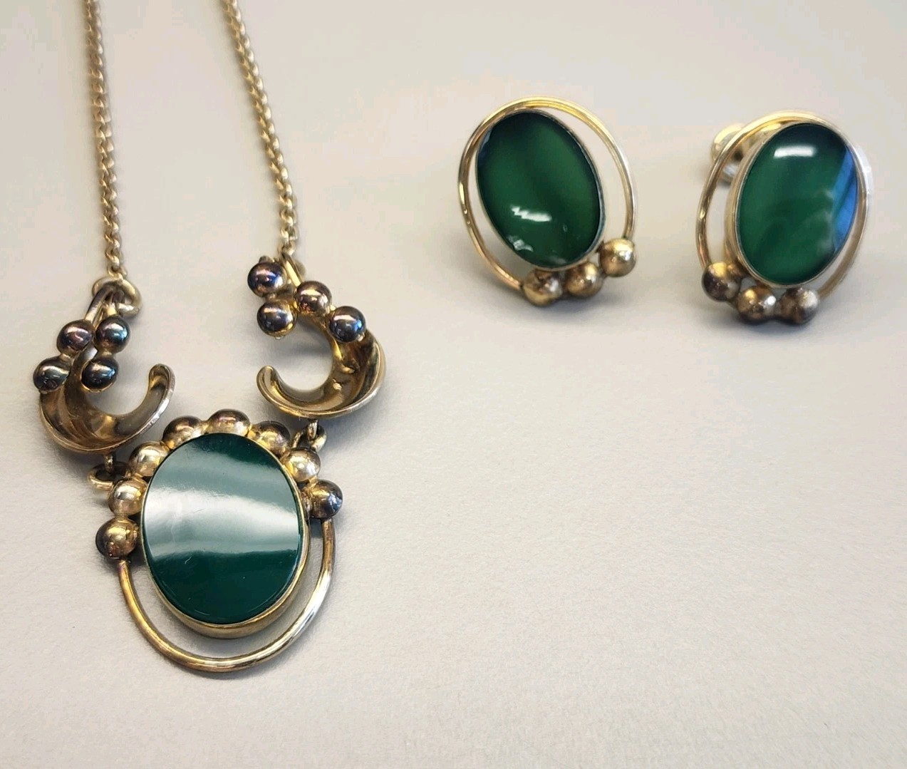 Vintage Carl Art Signed 1/20 12K gold Filled Green Jadeite Necklace Earrings Set
