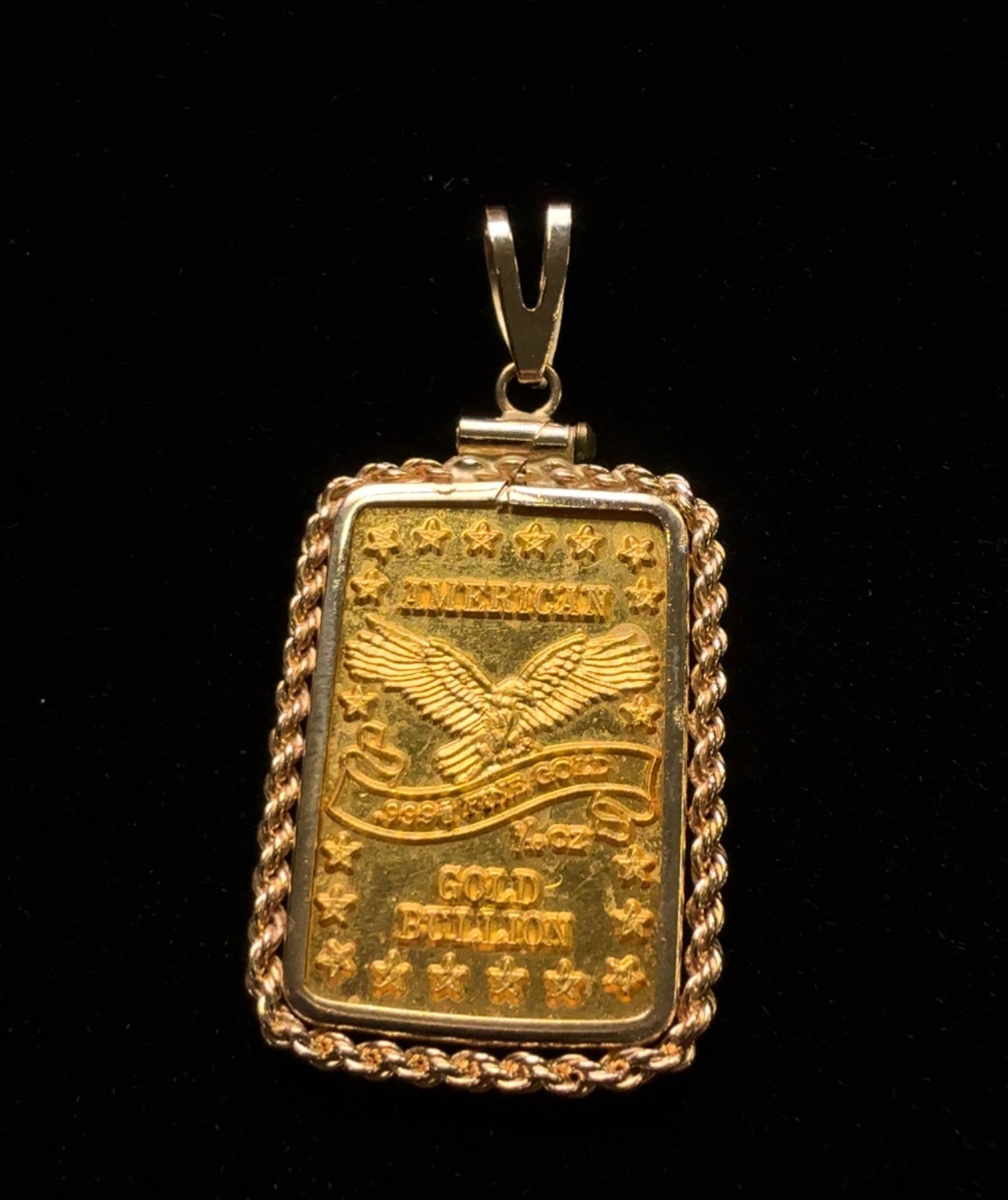 Vintage American Gold Bullion 1/10oz .999 Fine Gold Bar in 14k Rope Bezel 4.95g