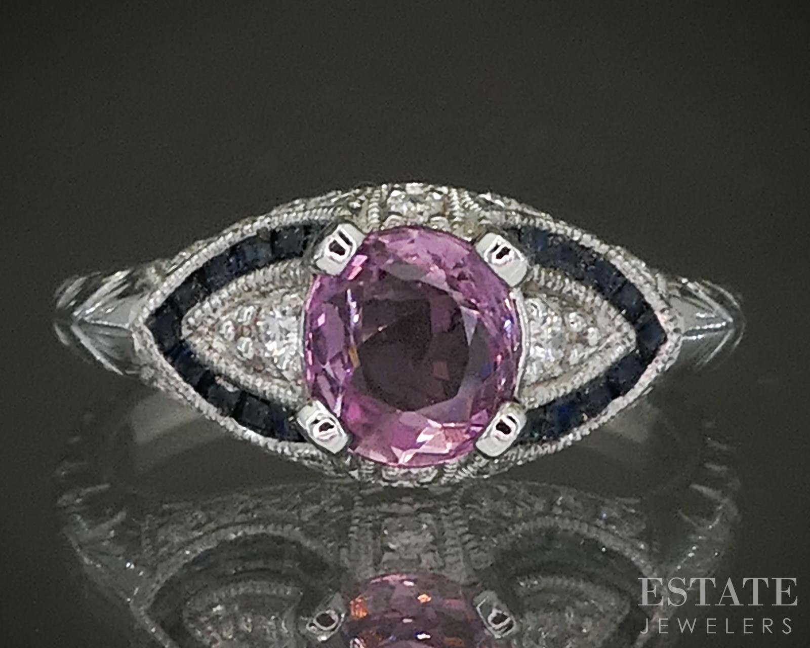 14k White Gold Natural .90ct Pink Spinel Blue Sapphire & Diamond Ring 3g p24333