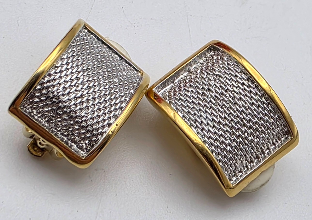 Premier USA Gold Tone Silver Textured Half Hoop Clip On Earrings 22.4mm Vintage