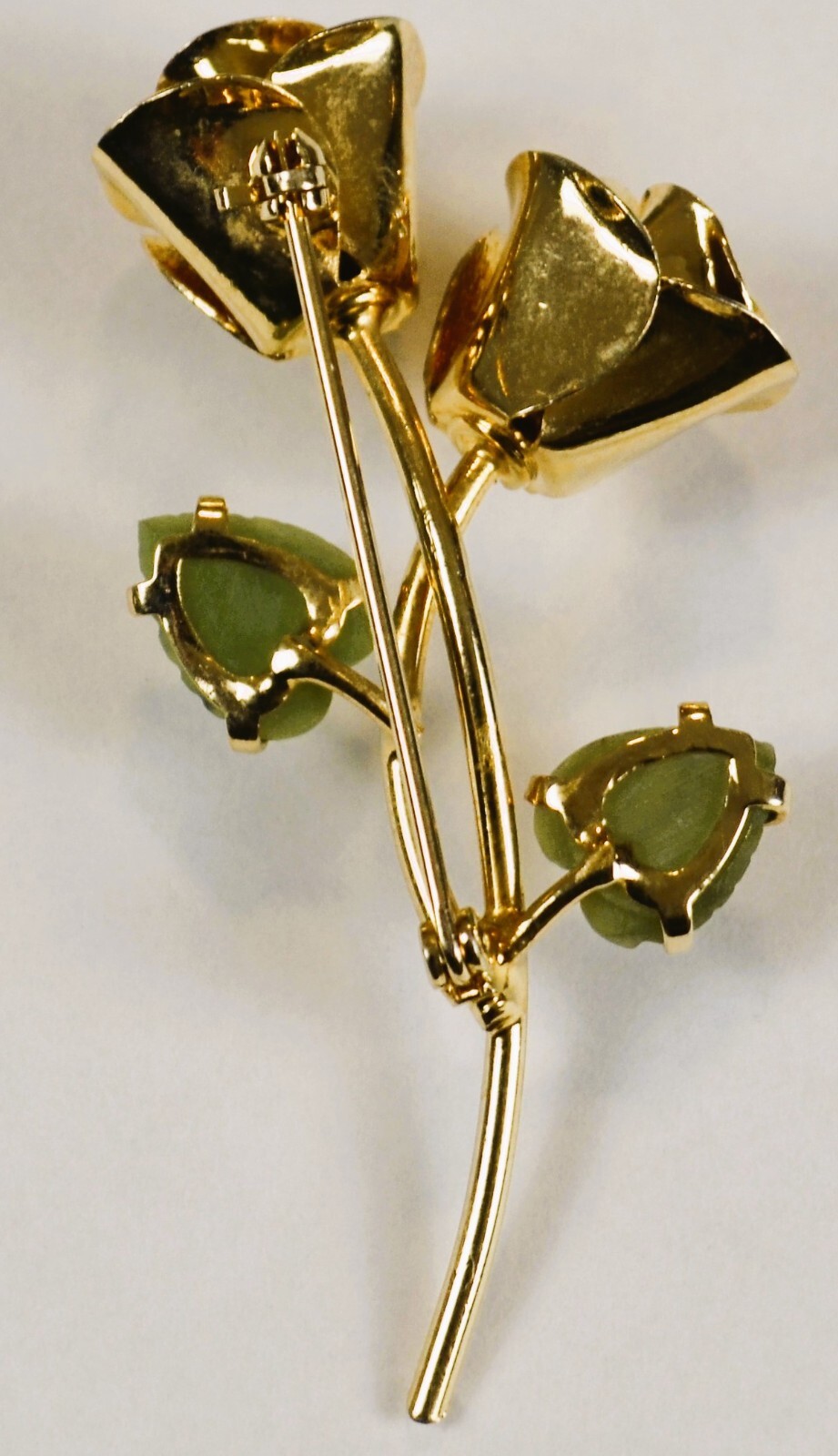 Brooch Pin Two Gold Tone Rose Buds Two Green Leaves Estate