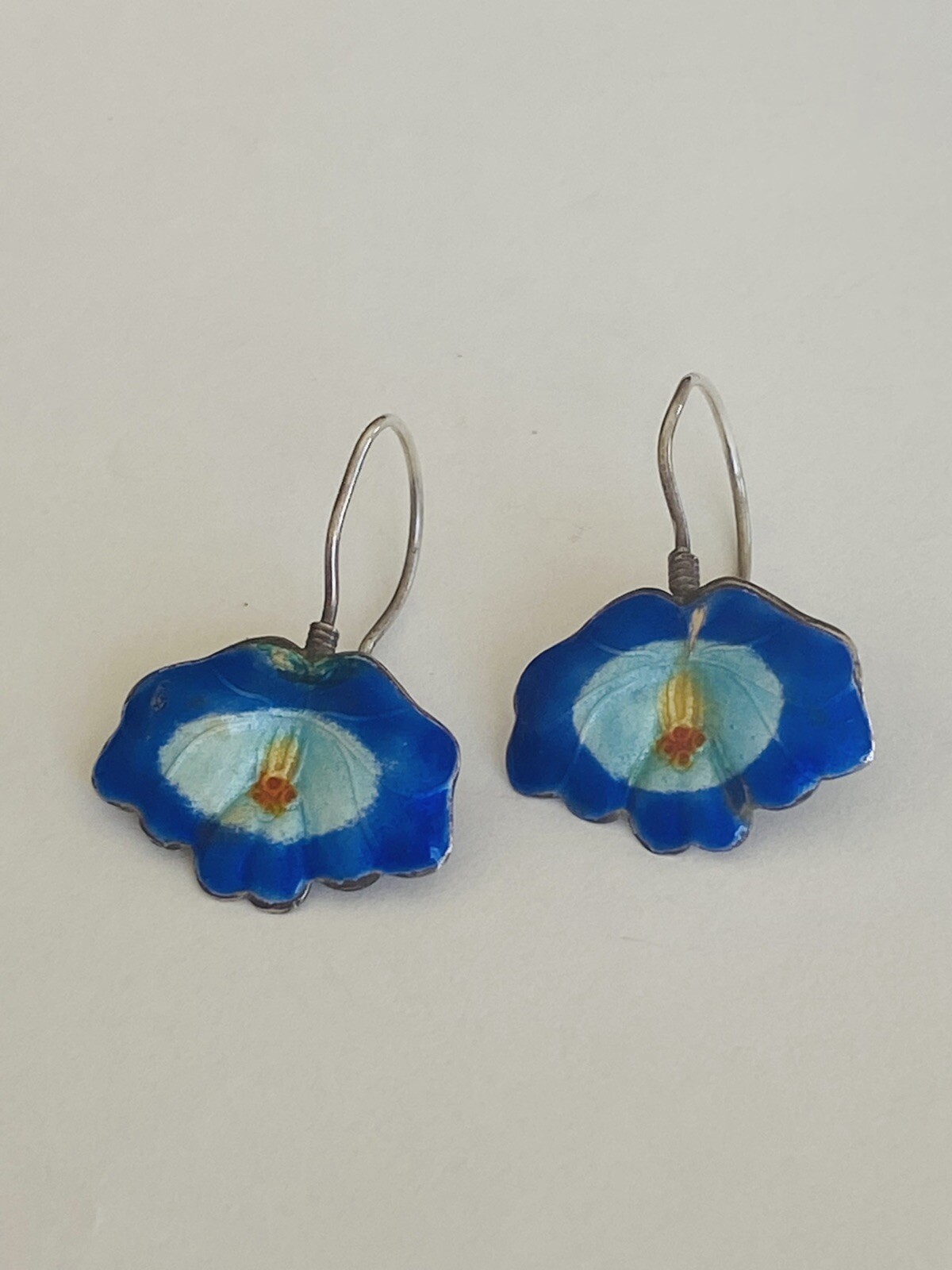 Antique Vintage Chinese Export Sterling Silver Blue Enamel Dangle Earrings