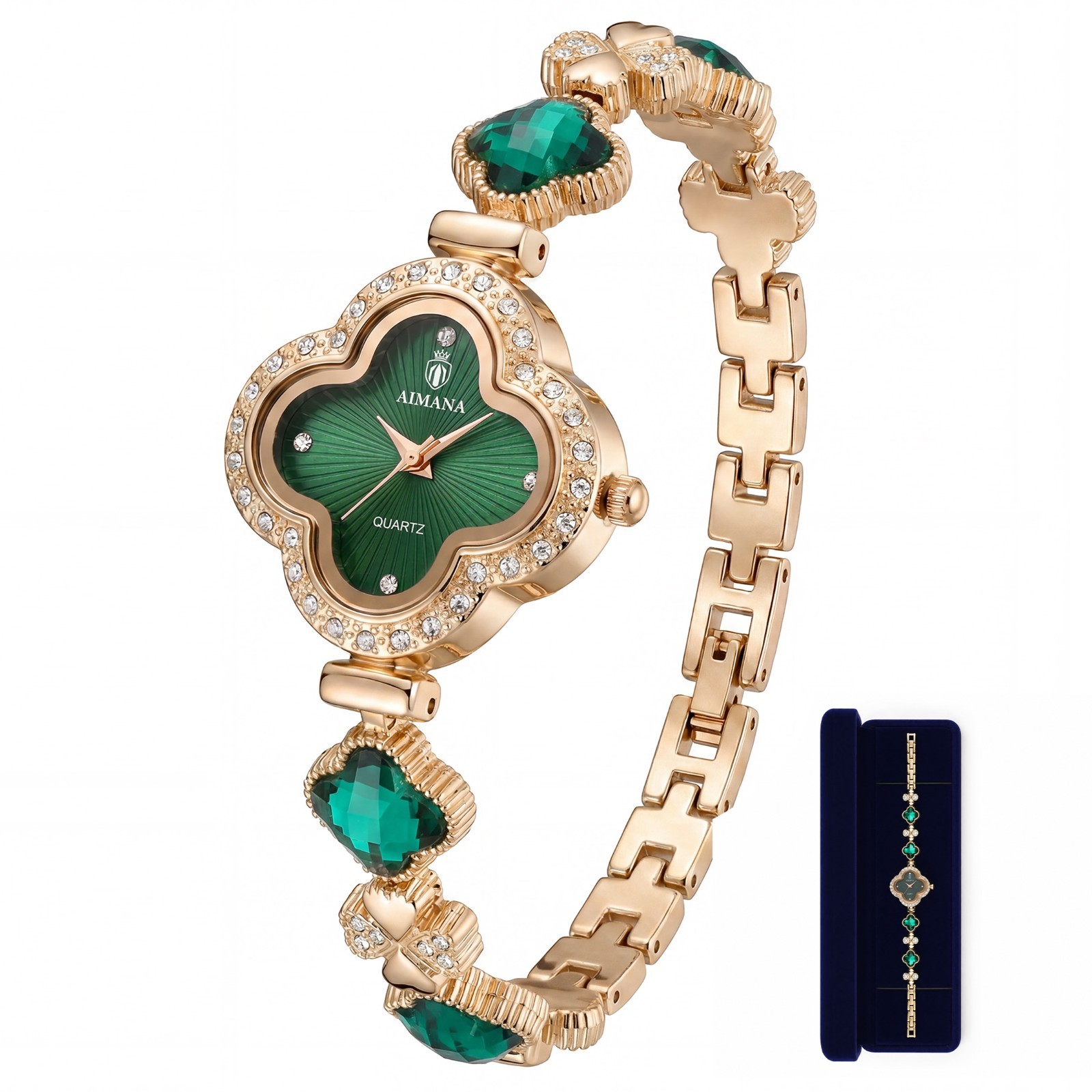 VORSEL Luxury Gold Bracelet Watch for Women Quatrefoil-Shaped Green Dial