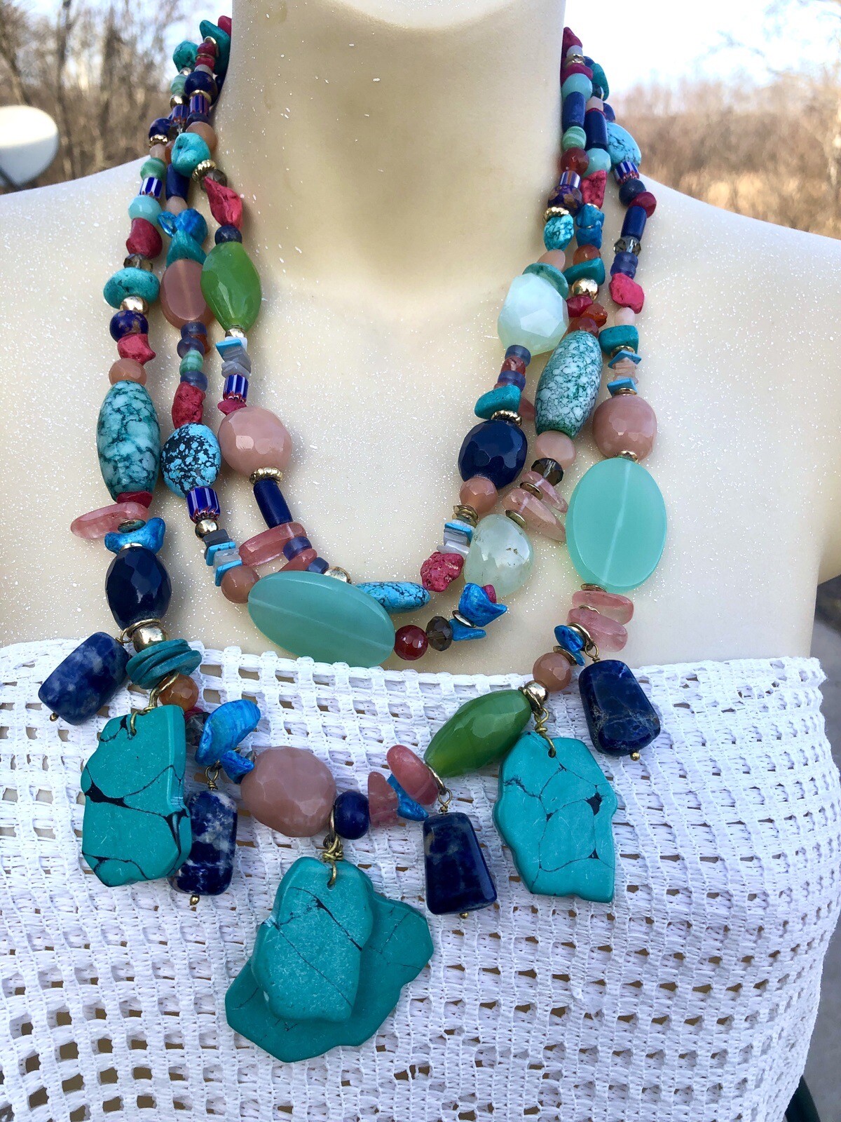 Chico’s Huge Chunky Triple Strand Semi Precious Stone Runway Statement Necklace