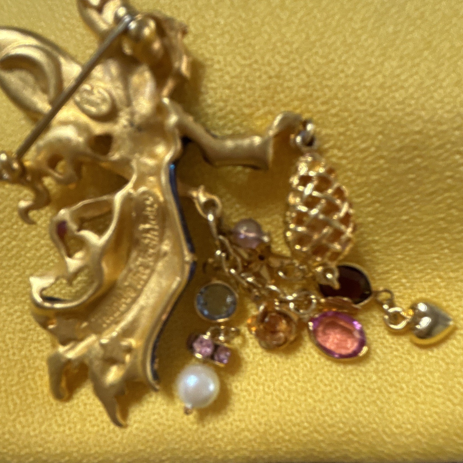 Gold Tone Enamel Fairy Brooch Pin w/ Pink Crystal Dangles, Blue & Pink