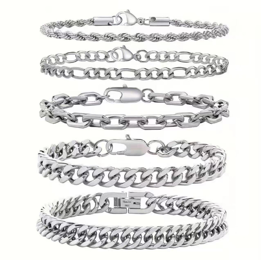 Chain Bracelets 5Pcs Men Stainless Steel Figaro Rope Cuban Link 8.3″L -Silver
