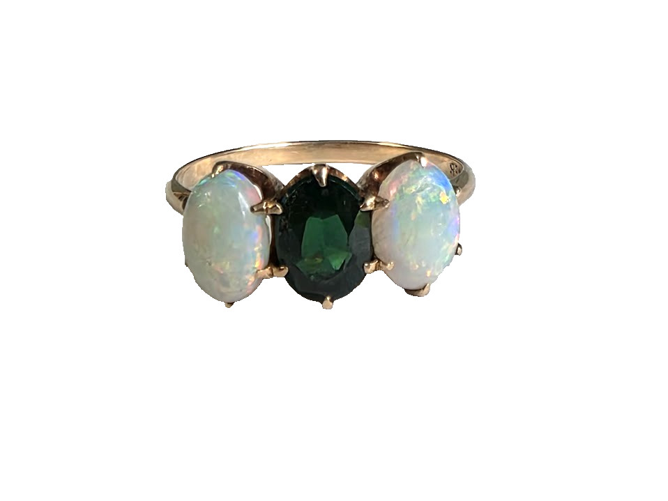 Antique Trilogy Ring Vibrant Opals and Deep Green Center Stone 10k Gold Superb!