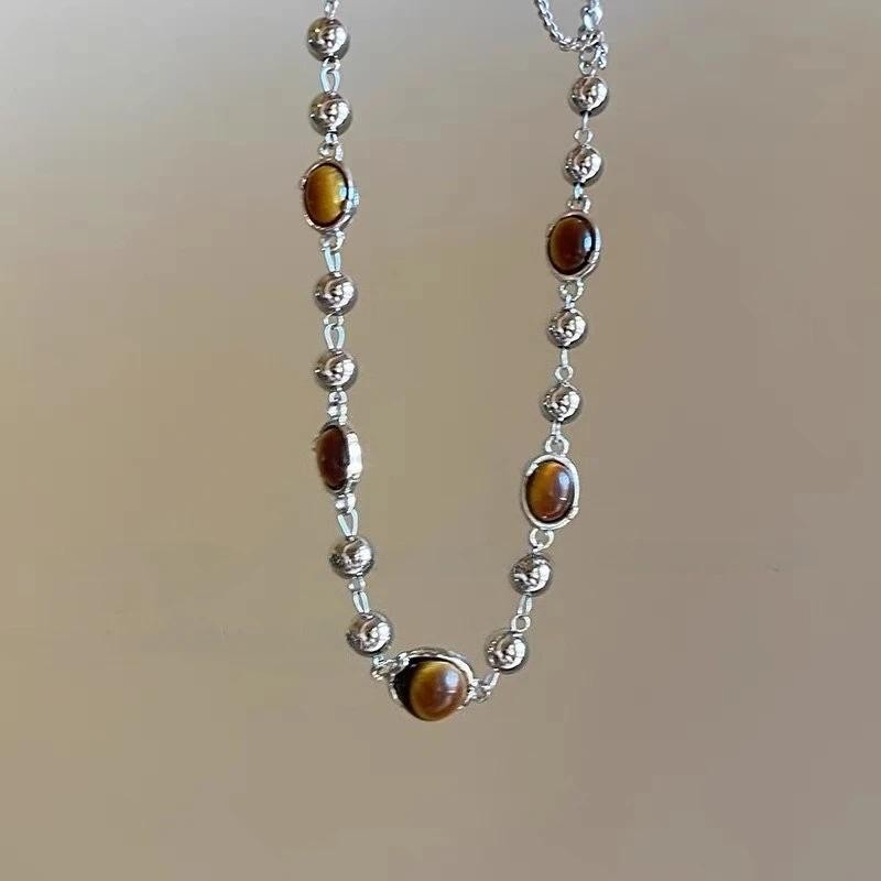 Vintage Brown Stone Pendant Necklace, Leather Choker, Retro Hip Hop Jewelry