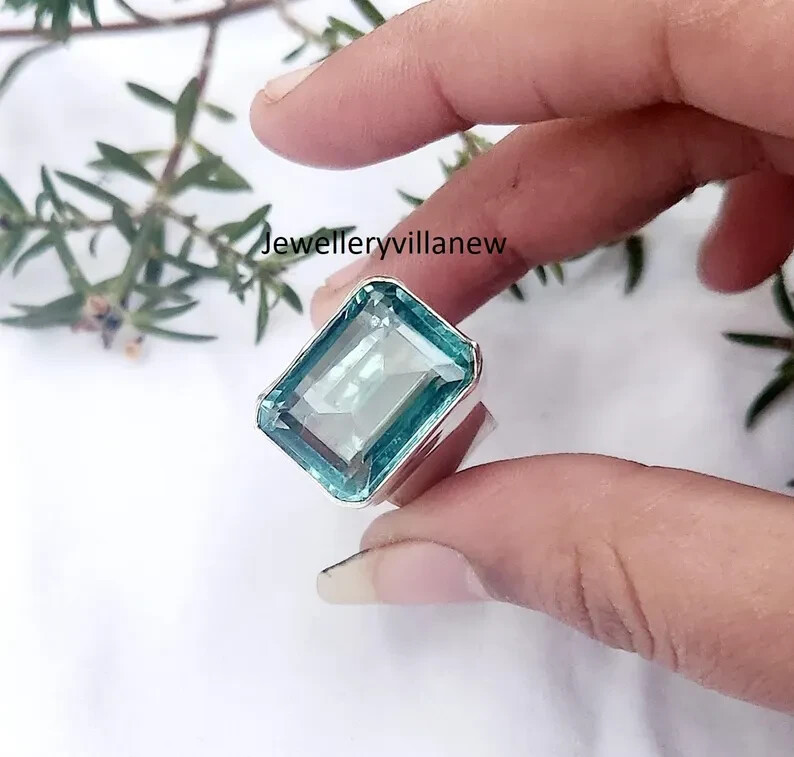 Natural Aquamarine 925 Sterling Silver Band& Statement Ring Handmade All Size