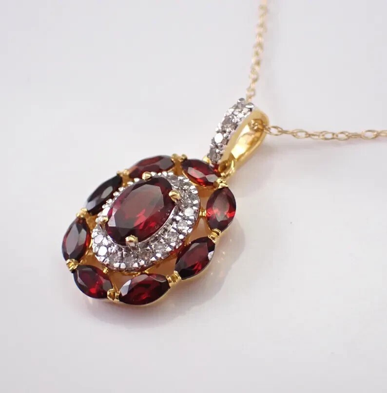 Oval Cut Simulated Red Garnet Fancy Halo Pendant Chain In 14k Yellow Gold Plated