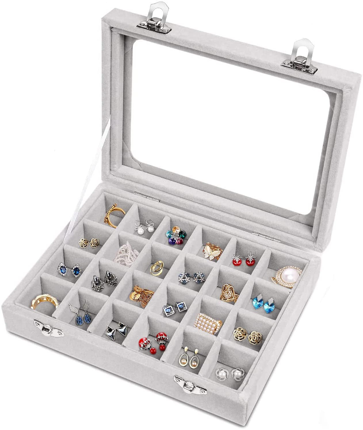 Jewelry Box 24 Grid Velvet Jewelry Tray for Drawers Glass Clear Lid Showcase Dis