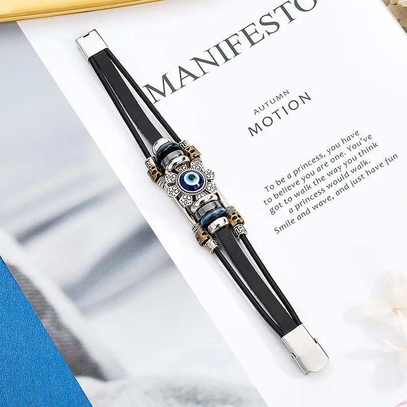 Punk Turkish Evil Eye Stainless Steel Bend Multilayer Leather Bracelet Man Woman