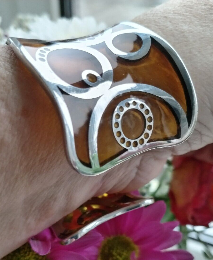 Jou Jou 925 Silver Scrolled Cuff Bracelet Inset With Yellowy Amber Resin