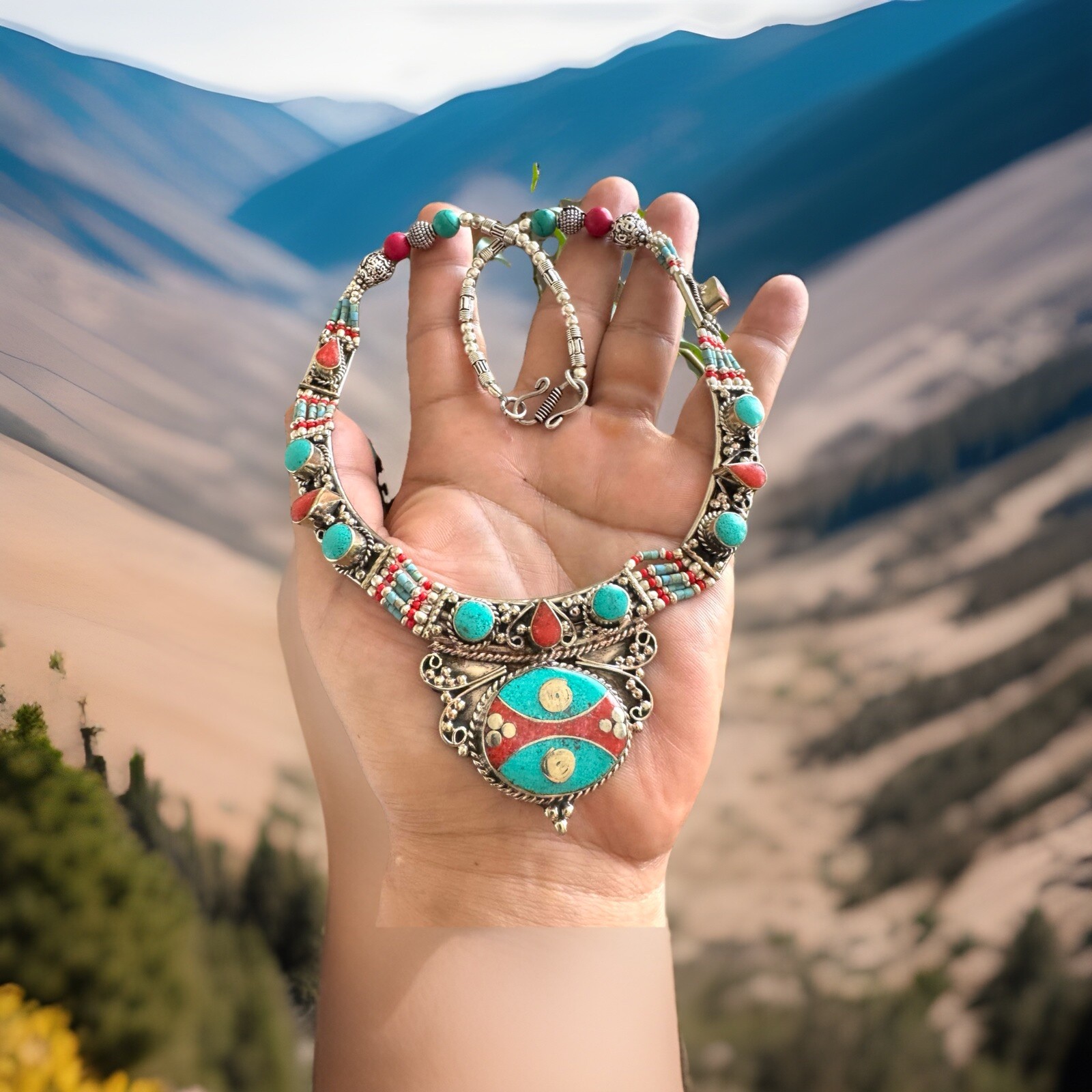Ethnic tribal theme hand crafted necklace inlay stones set in Tibetan silver19”