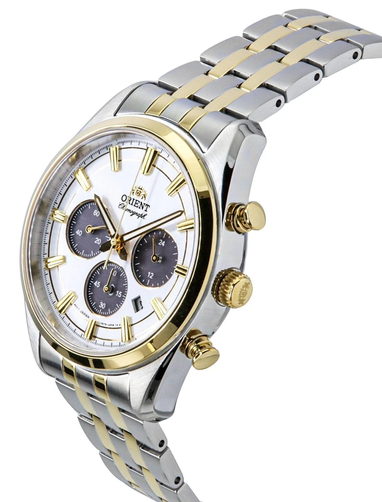 Orient Stretto Solar Chronograph Men’s Watch White Dial Gold Silver Steel Strap