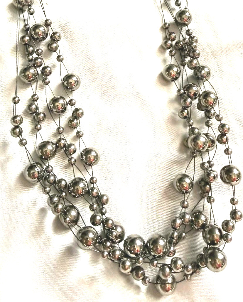 New Layered Silver Tone Multi Strand Necklace Floating Silver Tone Beads Trend
