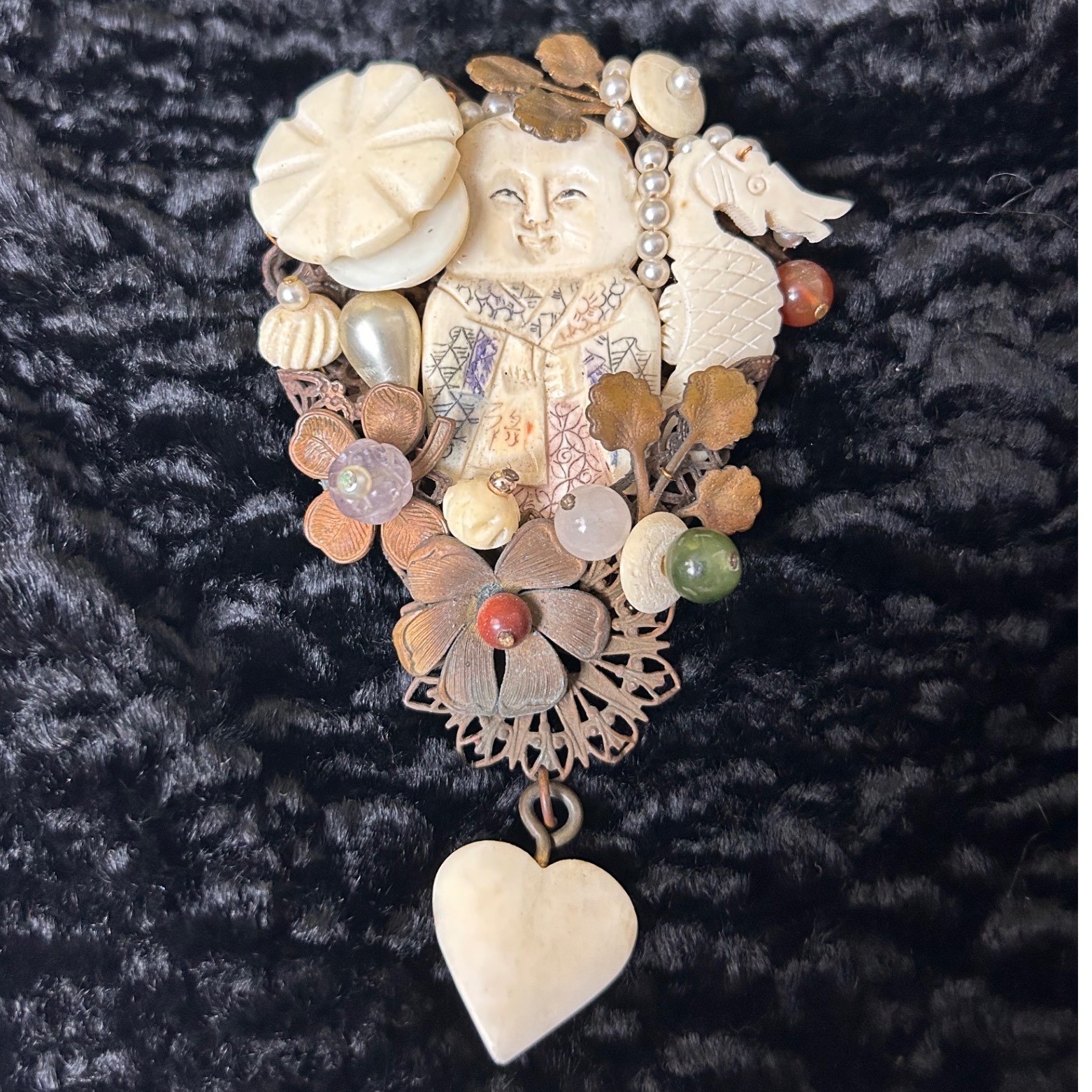 Sarah Jane Mixed Media Assemblage Brooch Carved Asian Figure Dragon Heart 4.5″