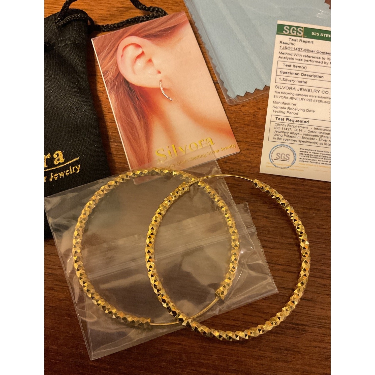 NWT Silvora .925 Silver Gold Hoop Earrings Boxed Cleaning Cloth Gold Hoop