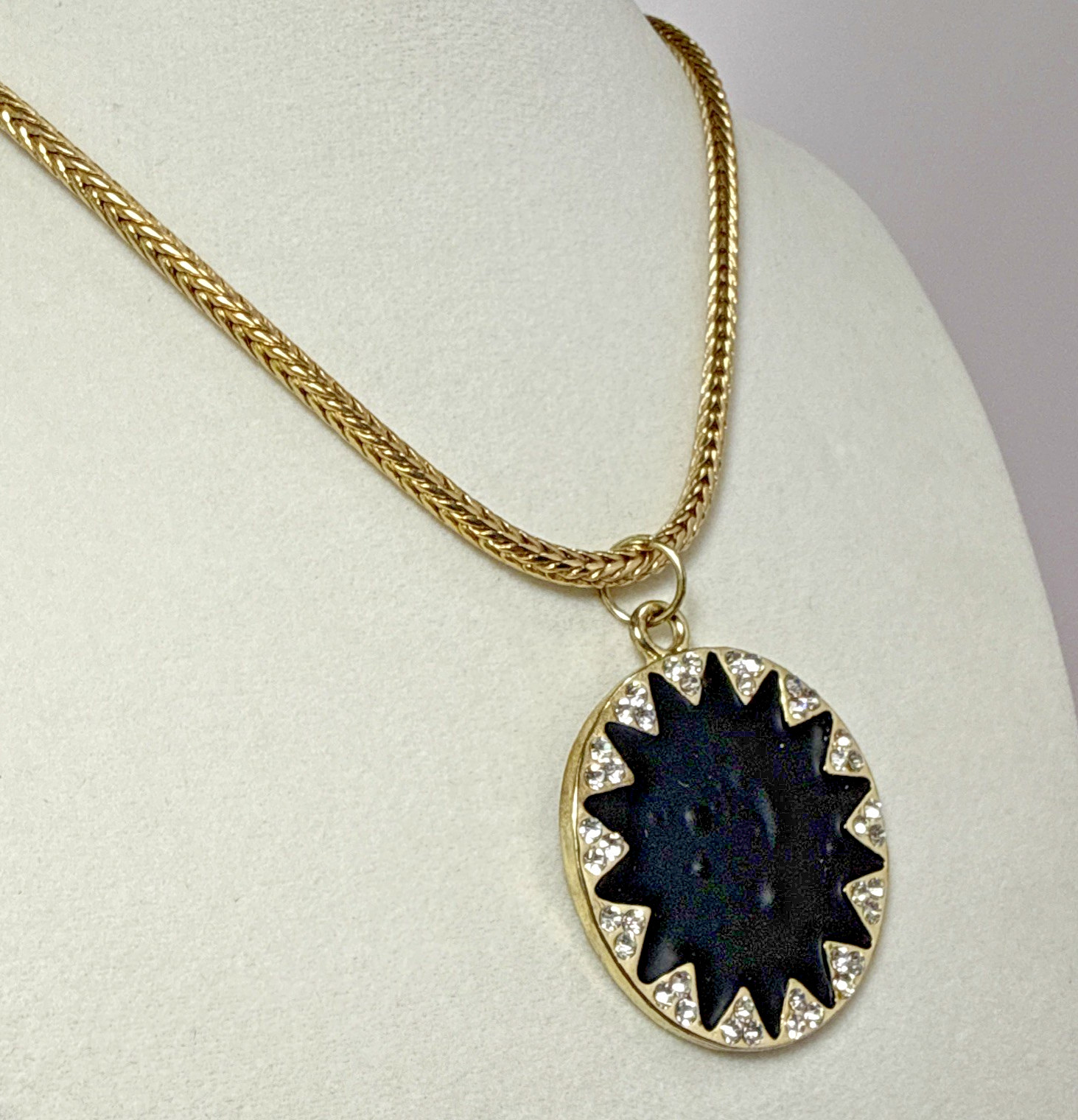 Vintage Celestial Sunburst Medallion Necklace Gold Tone Blue Black Enamel Sun