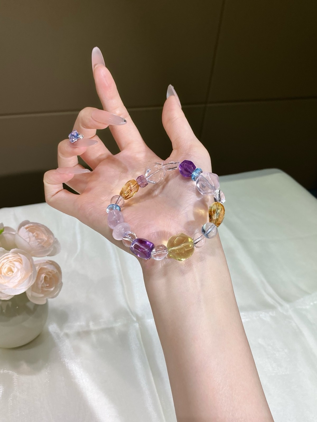 LUSA FEELA Natural Citrine Amethyst Crystal Beaded Stretch Bracelet Gift Box