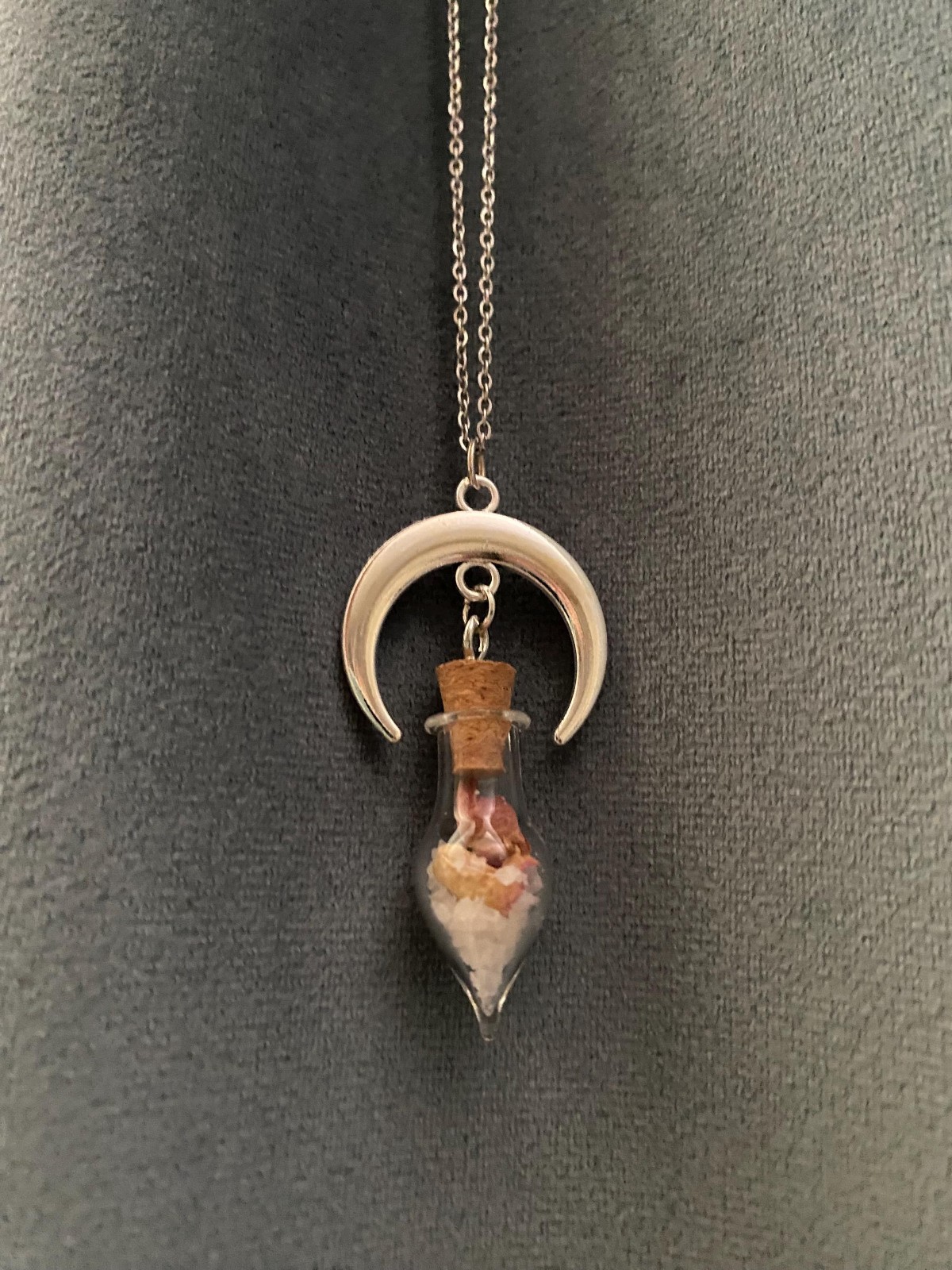 Crescent Moon Necklace Vial of Salt and Rose Petals Love Protection
