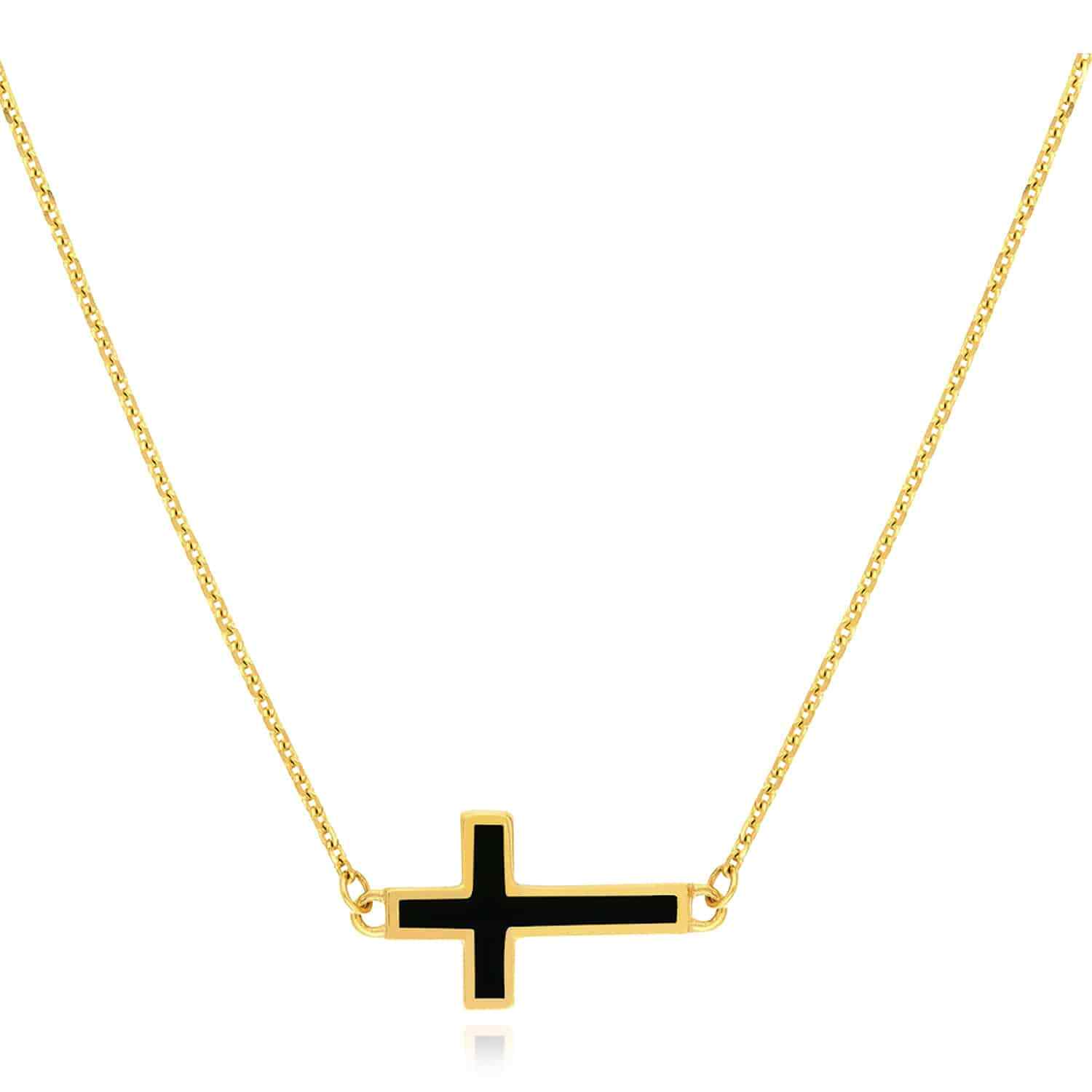 14K Real Gold White Black Turquoise Sideways Cross Pendant Necklace 16-18″ Adj
