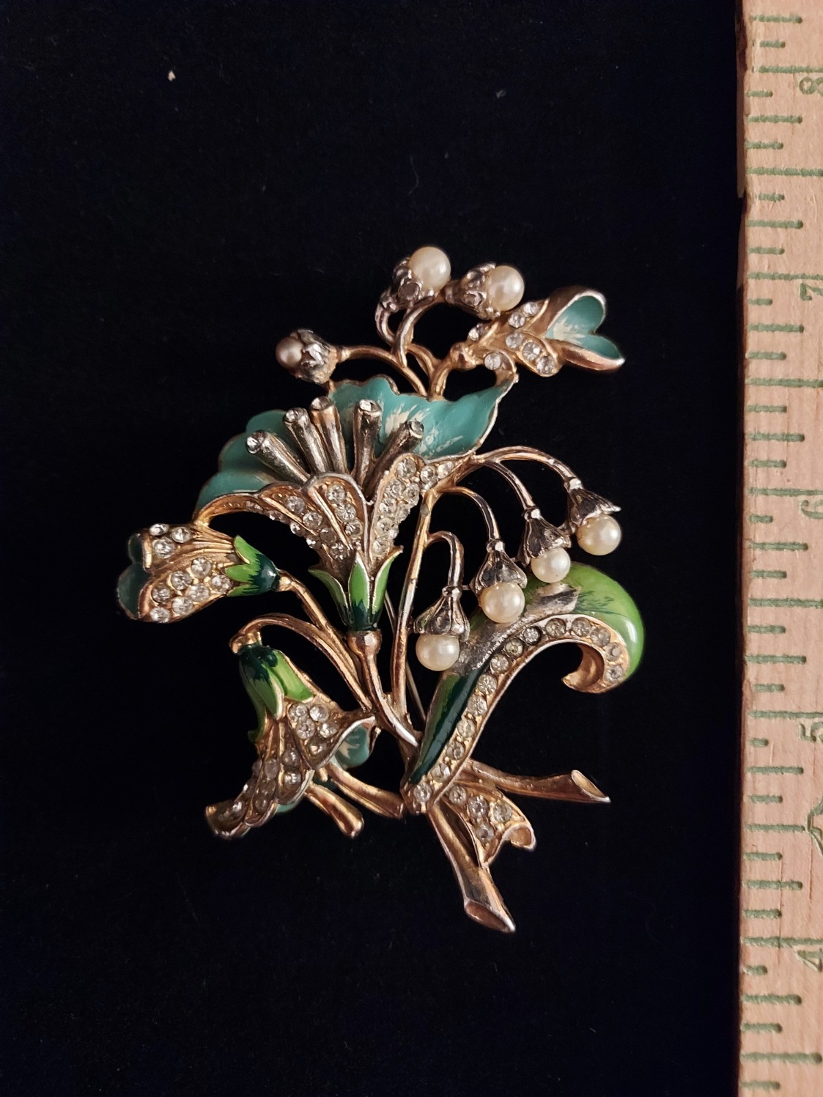 Vintage Blue Green Enamel Rhinestone Pearl Flower Brooch Pin “B” Boucher?