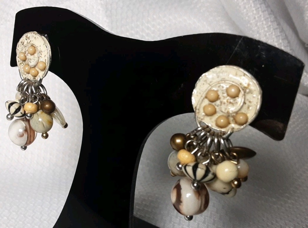 Earring Silver Tone Beige Tan Multicolor Different Shape Beaded Drop Dangle Clip