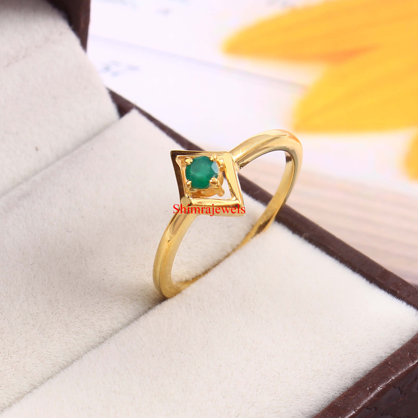 Natural Green Onyx Gemstone With 18k Gold Plated Silver Women’s Ring #24