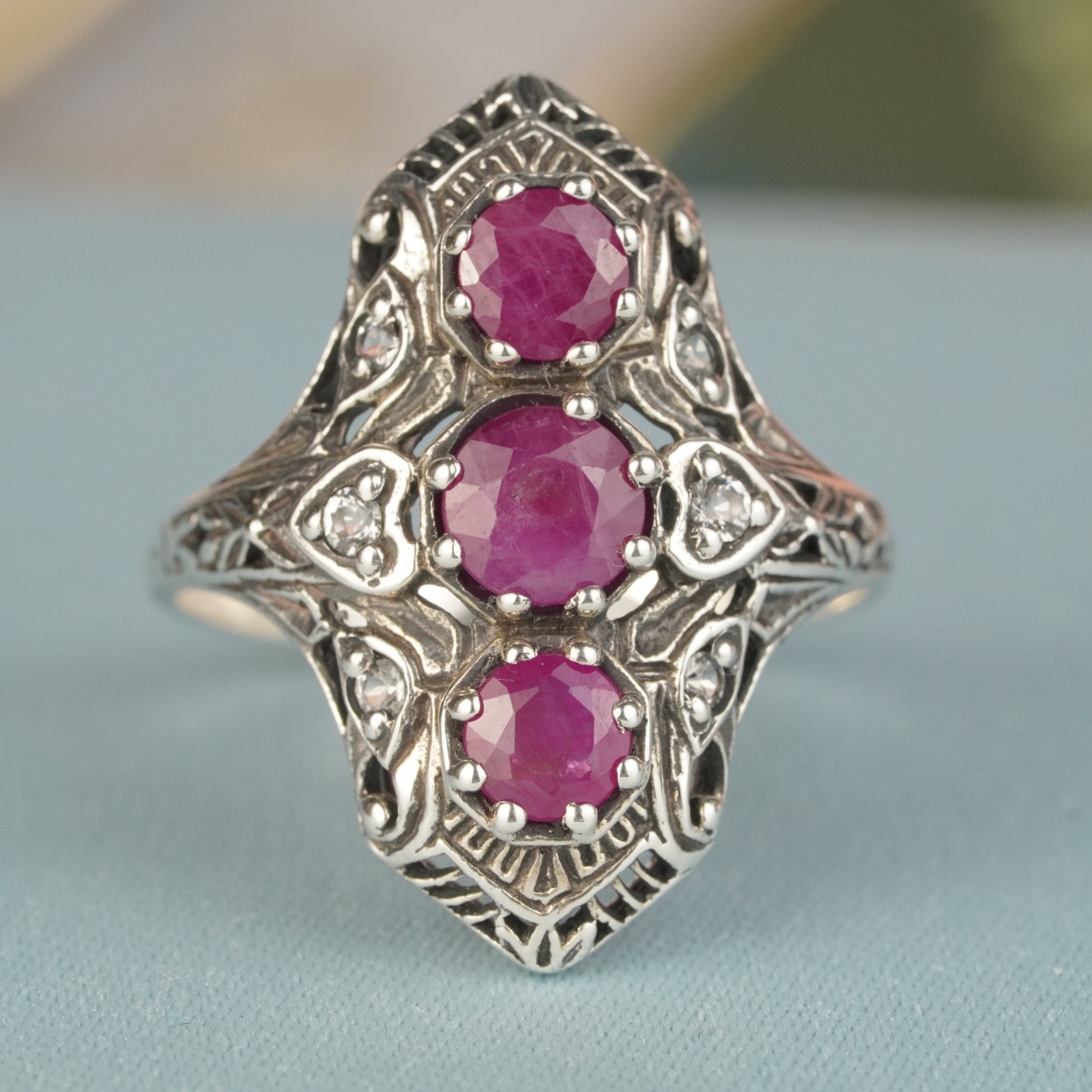 Silver925 Natural Ruby White Topaz Vintage Style Filigree Ring