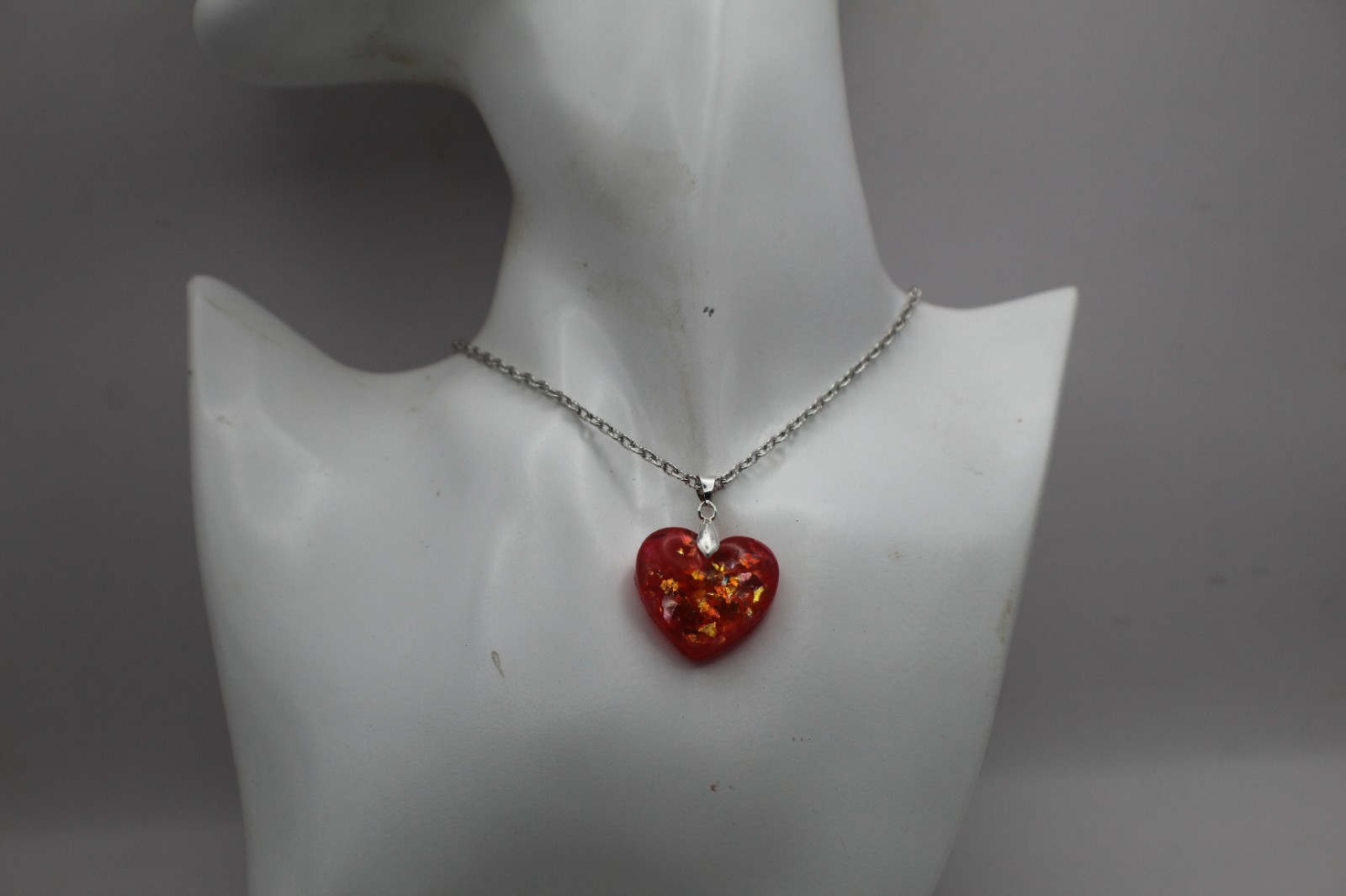 Shiny Red Heart Shaped Resin Pendant On A Chain Necklace With Matching Ring