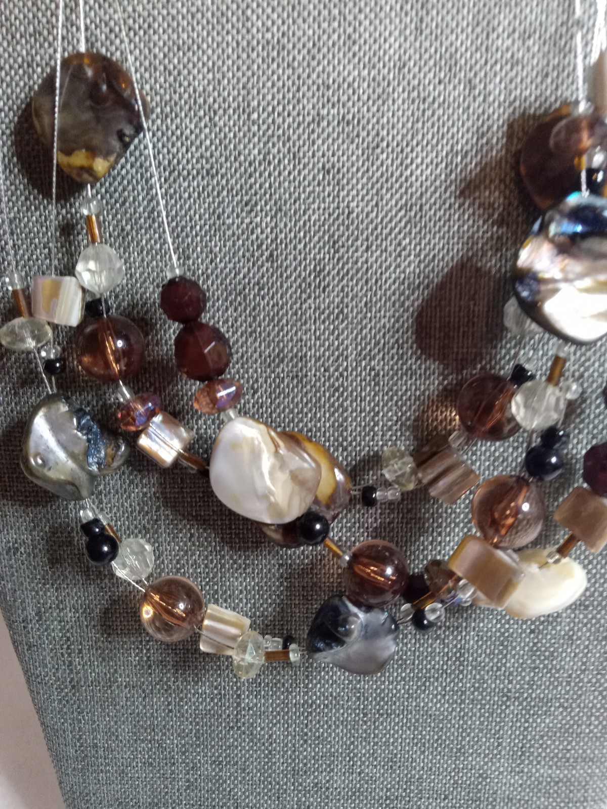Classic Three Strand Multi- Brown Mix Bead Abalone Shell Necklace 20″ Long