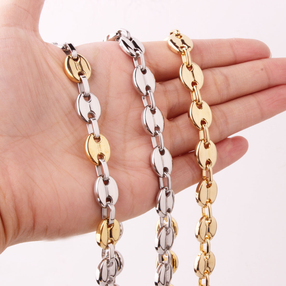 7/9/11mm Top Quality Men Women Stainless Steel Coffee Bean Beads Chain Necklace