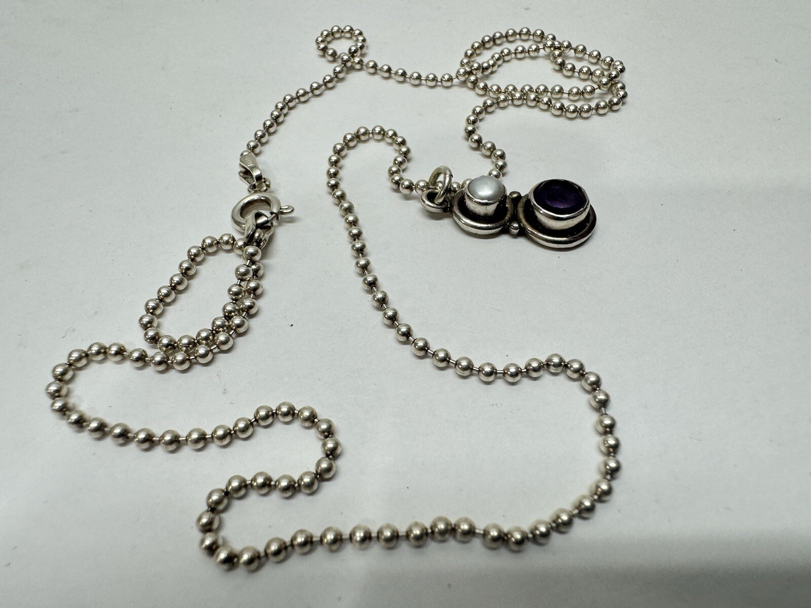 Faceted Amethyst and Cultured Pearl Double Gem 925 Sterling Silver Necklace
