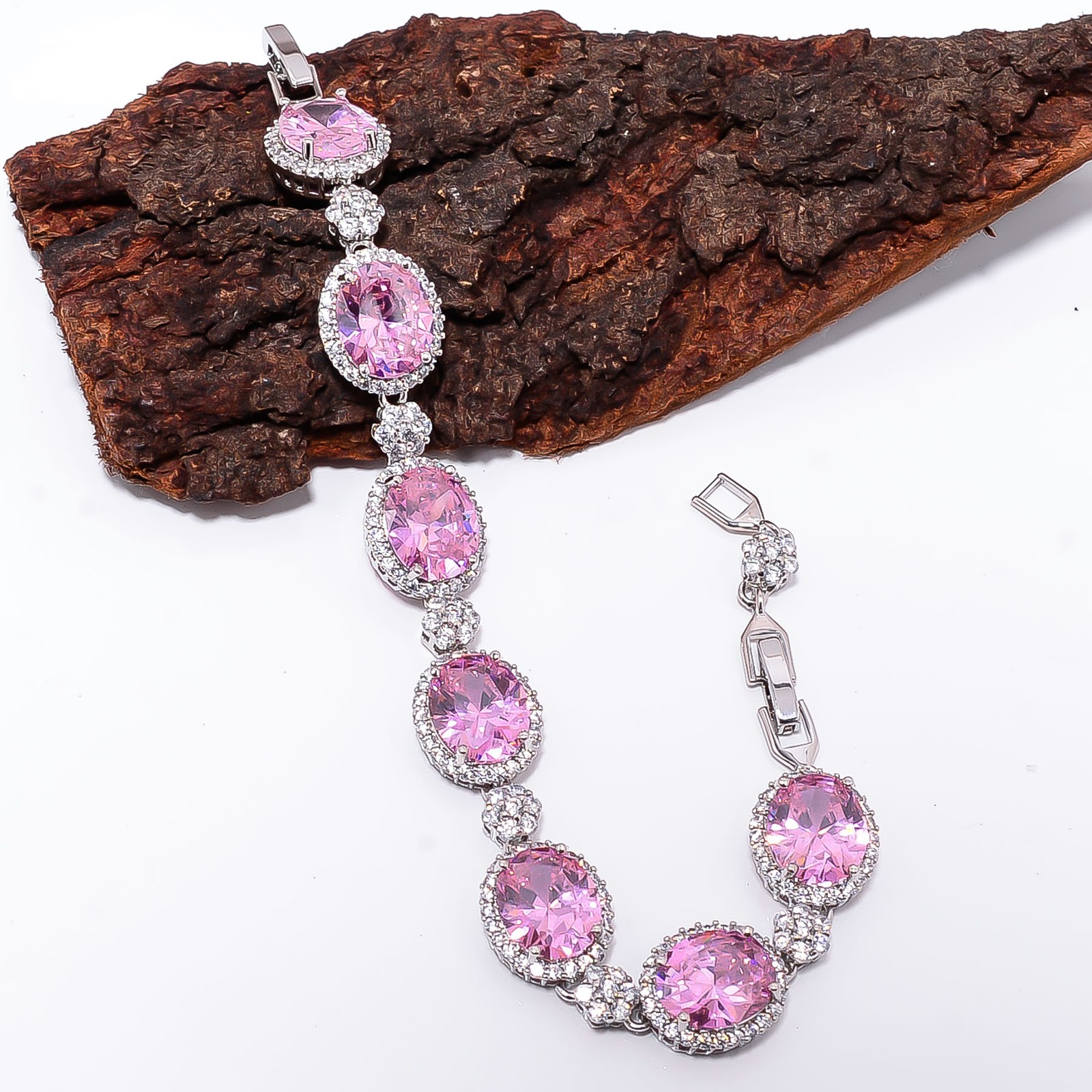 Pink Sapphire -Simulated, CZ 925 Sterling Silver Adjustable Bracelet 7-8″ B3242