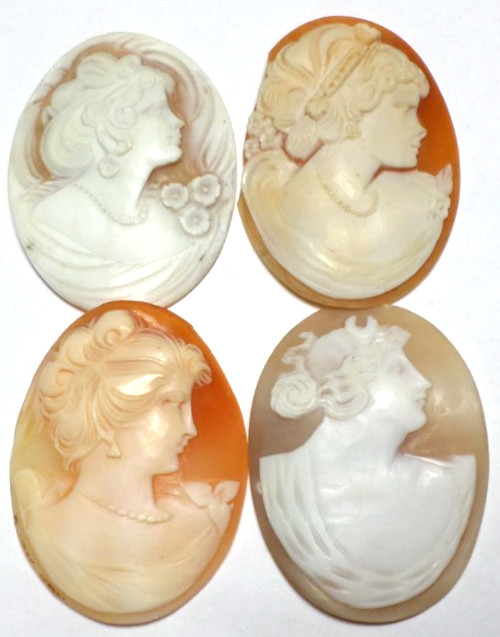 4 Vintage Loose Hand Carved Shell Woman XL Classic Cameos all are 50-52x37mm