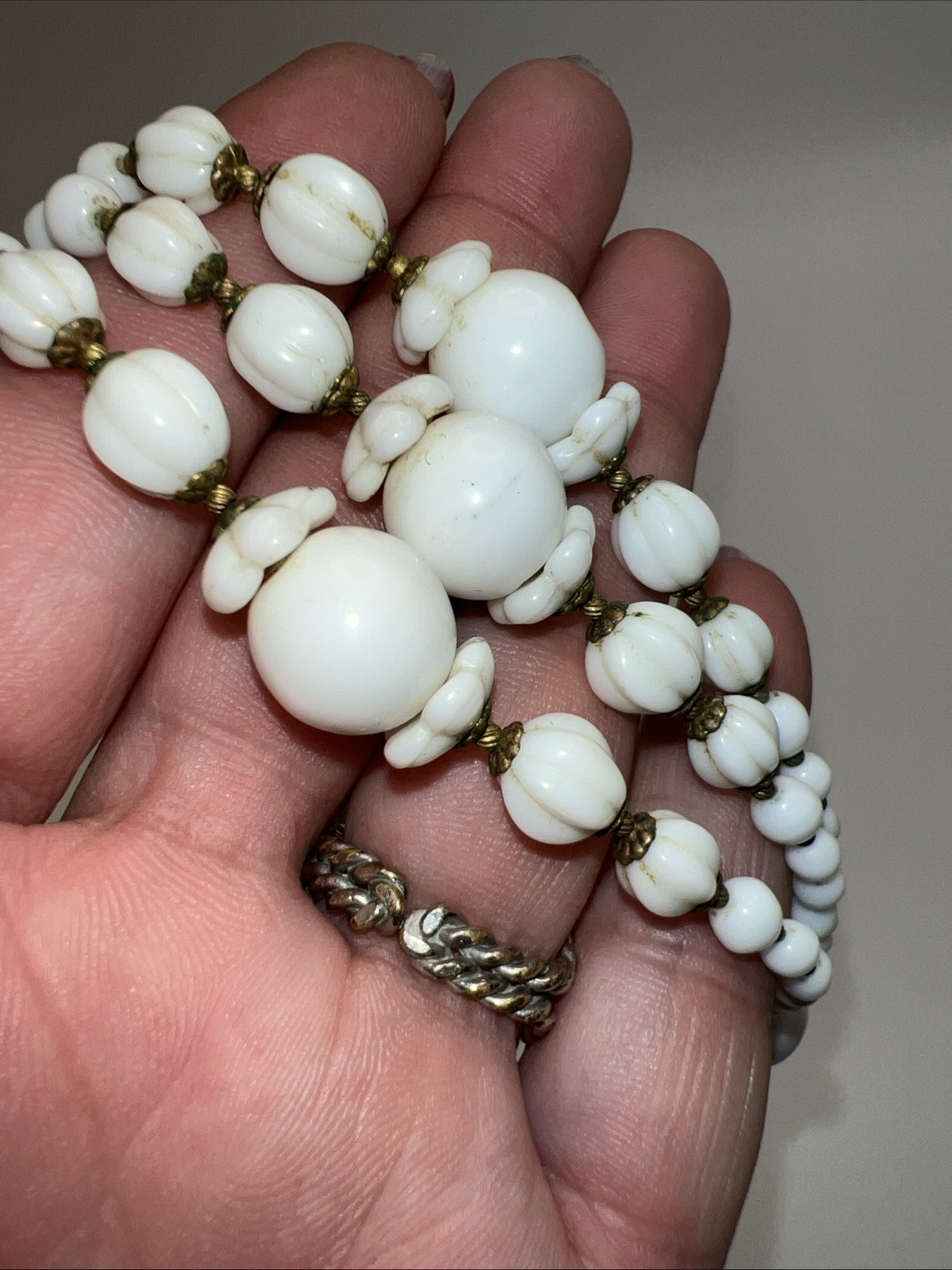 1930s 40s Milk Glass Lariat Necklace Rhinestone Multi Strand Art Deco 34”