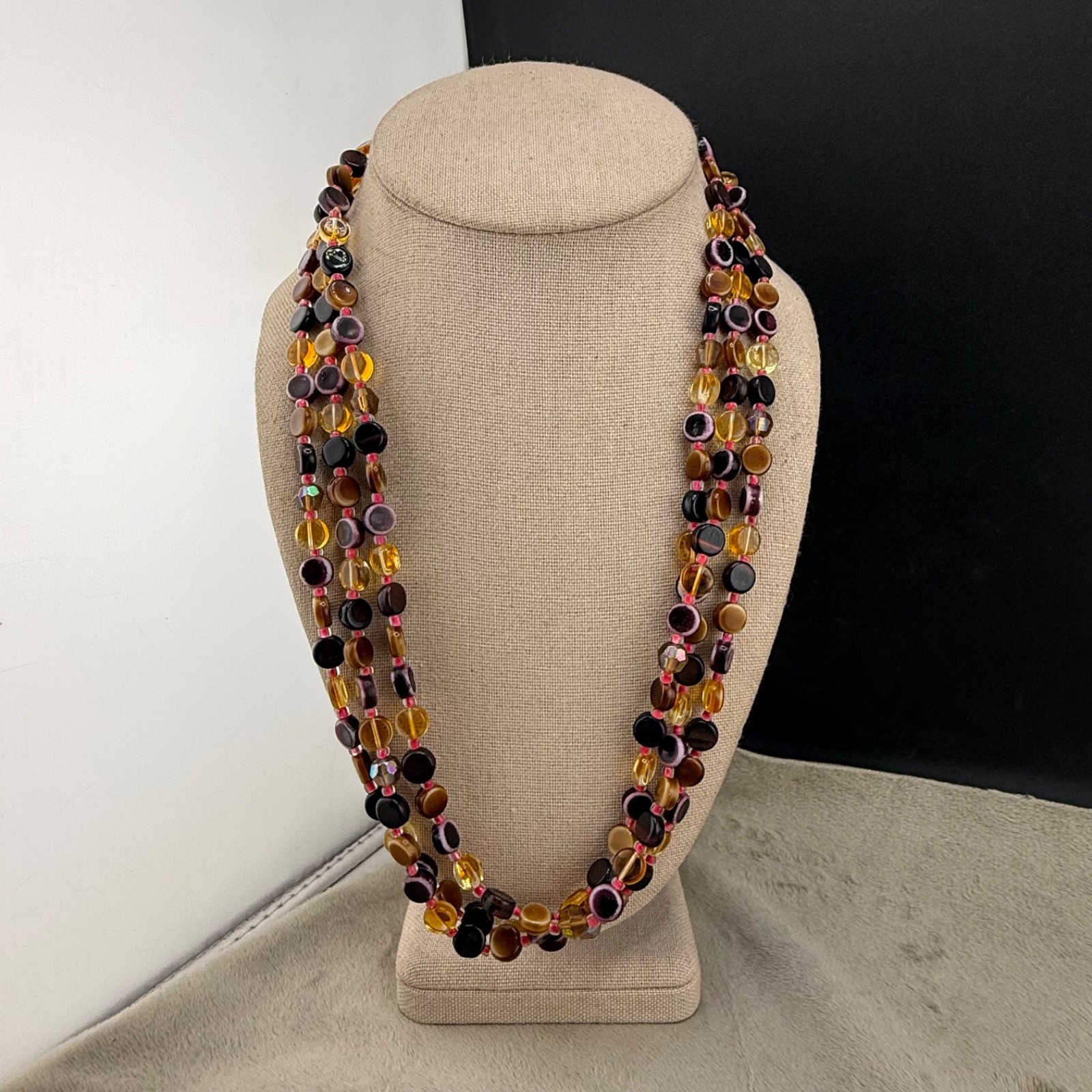 Vintage Western Germany Necklace Layered Beaded Glass Brown Pink 23”