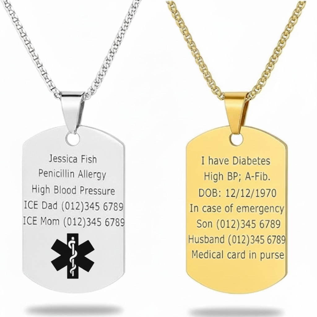 Stainless Steel Medical Alert ID Pendant Necklace Dog Tag Personalized Engraving