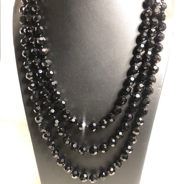B0348 Heavy Black Faceted Glass Bead 72 Inch Long Necklace Designer knotted