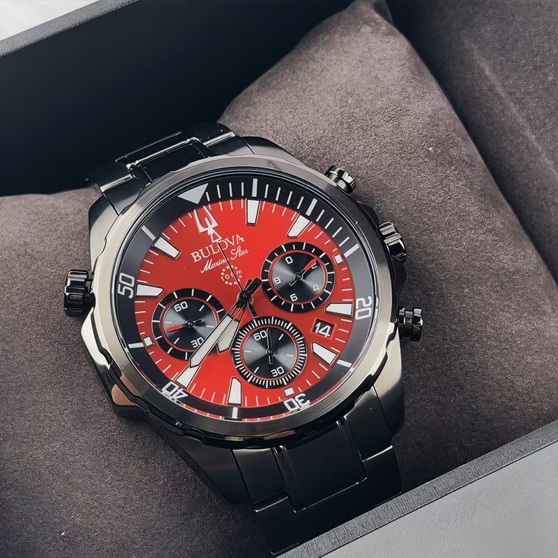 Bulova Marine Star 98B350 Men’s Chronograph Quartz Watch Red Dial Stainless 43mm