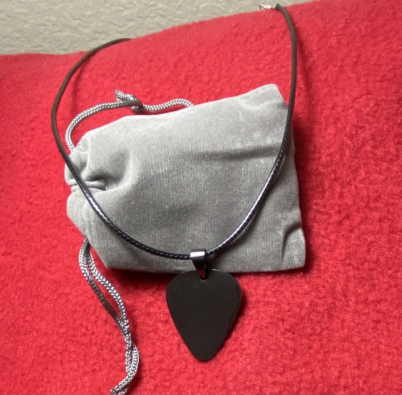 [NEW] ACDC Guitar Pick Necklace Black Stainless Steel Rock Band Jewelry w/ Pouch