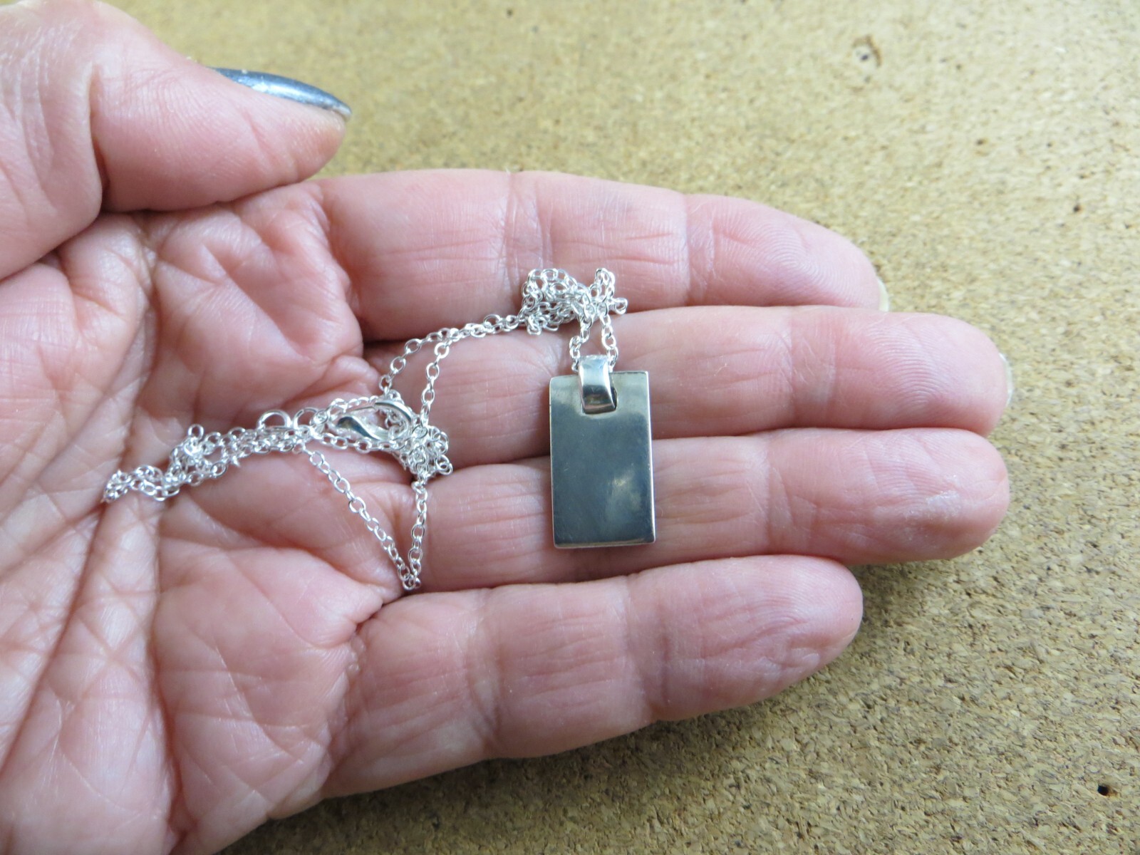 Vintage Sterling Silver Rectangular 1″ Bar Pendant Chain Necklace #128